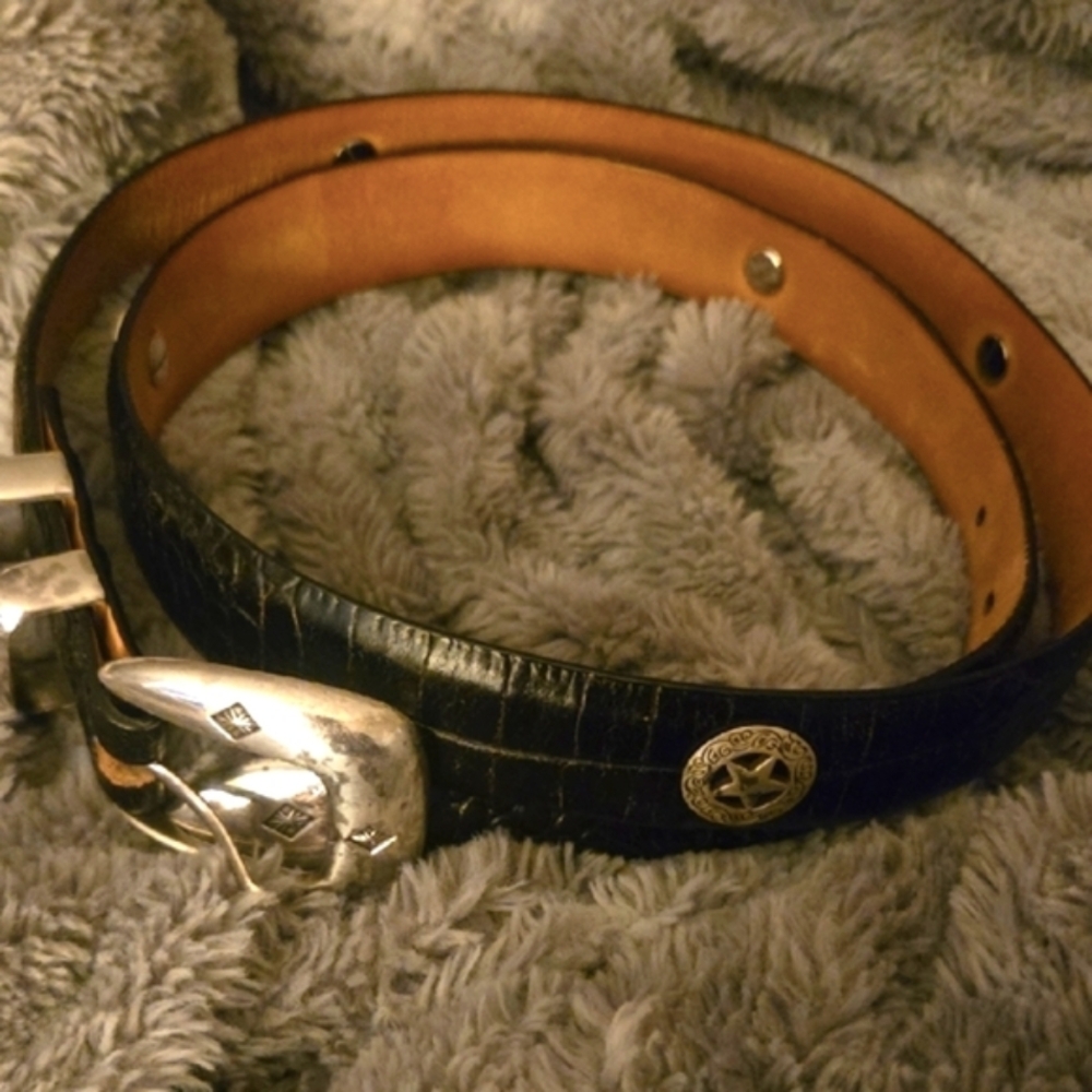 Black Leather Belt with Silver Star Emblems